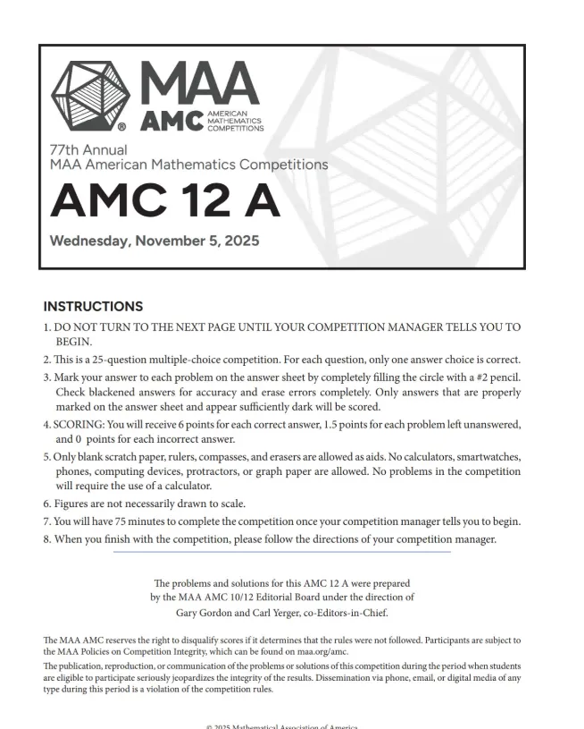2025年AMC12真题+答案免费领!附冲刺备考建议,助你高效刷题稳冲AIME-第3张图片-四季读书网