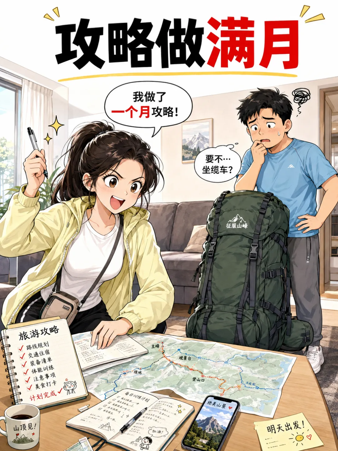 欢乐笑:老婆做攻略做了一个月,带老公去旅游.爬山时老公喘着粗气走两步步停一步.老婆边拍照边嫌弃:“你这体力以后别出来丢人了.”
