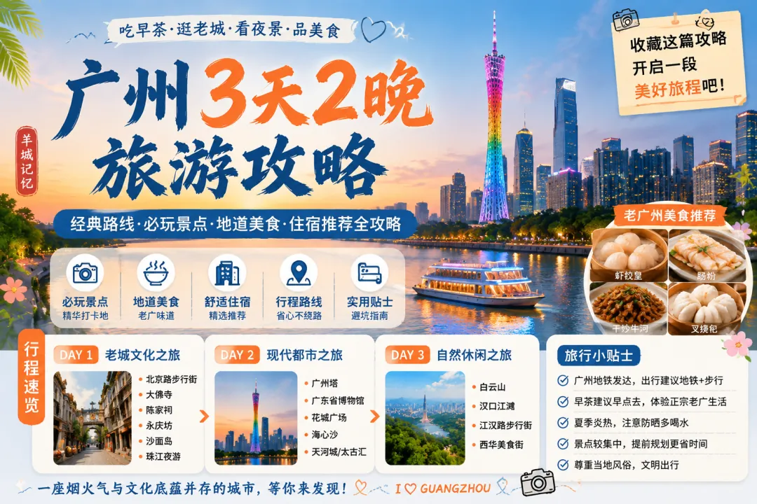 广州3天2晚旅游攻略(2026最新版):逛千年老城、喝早茶、游珠江,一篇玩转羊城精华路线