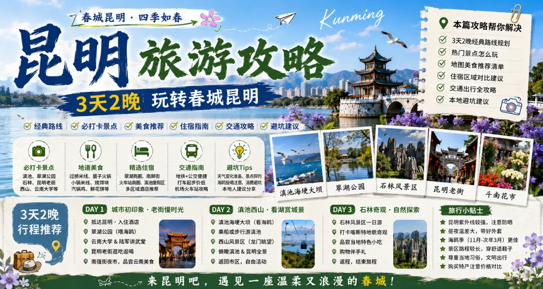 昆明旅游攻略:第一次去云南怎么玩?3天2晚路线,滇池+翠湖+石林一篇玩懂