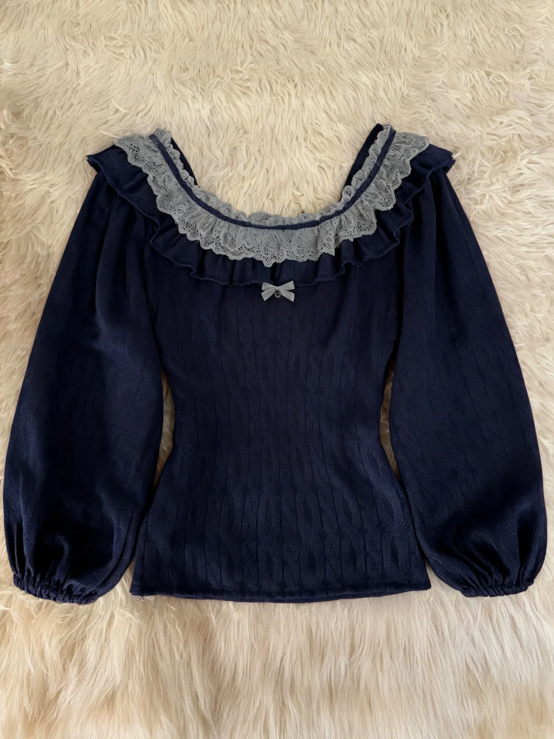 深蓝色蕾丝针织打底衫🖤vintage古着~