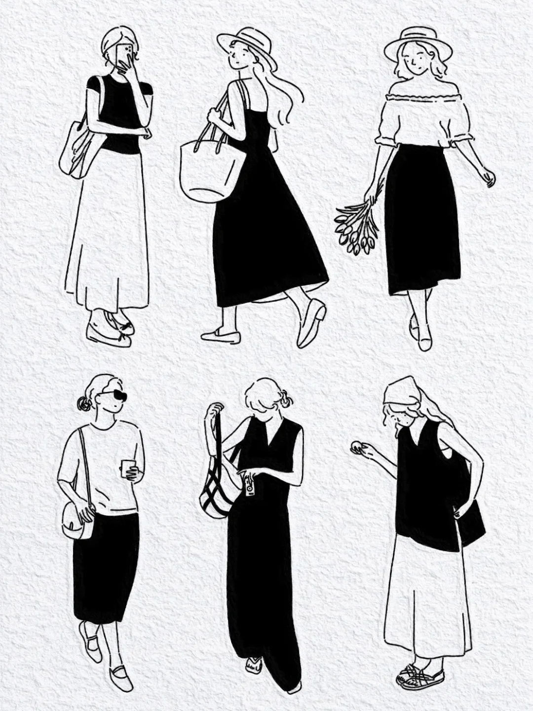 一组极简女生夏天穿搭人物线条插画简笔画