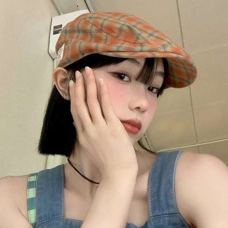 日系复古格纹前进帽女春夏英伦风大头围显脸