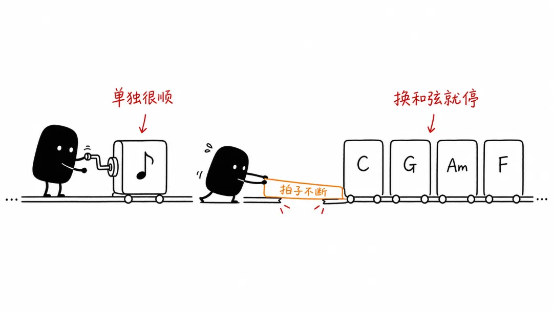 节奏型会了不少,为什么一放进歌曲里就乱?
