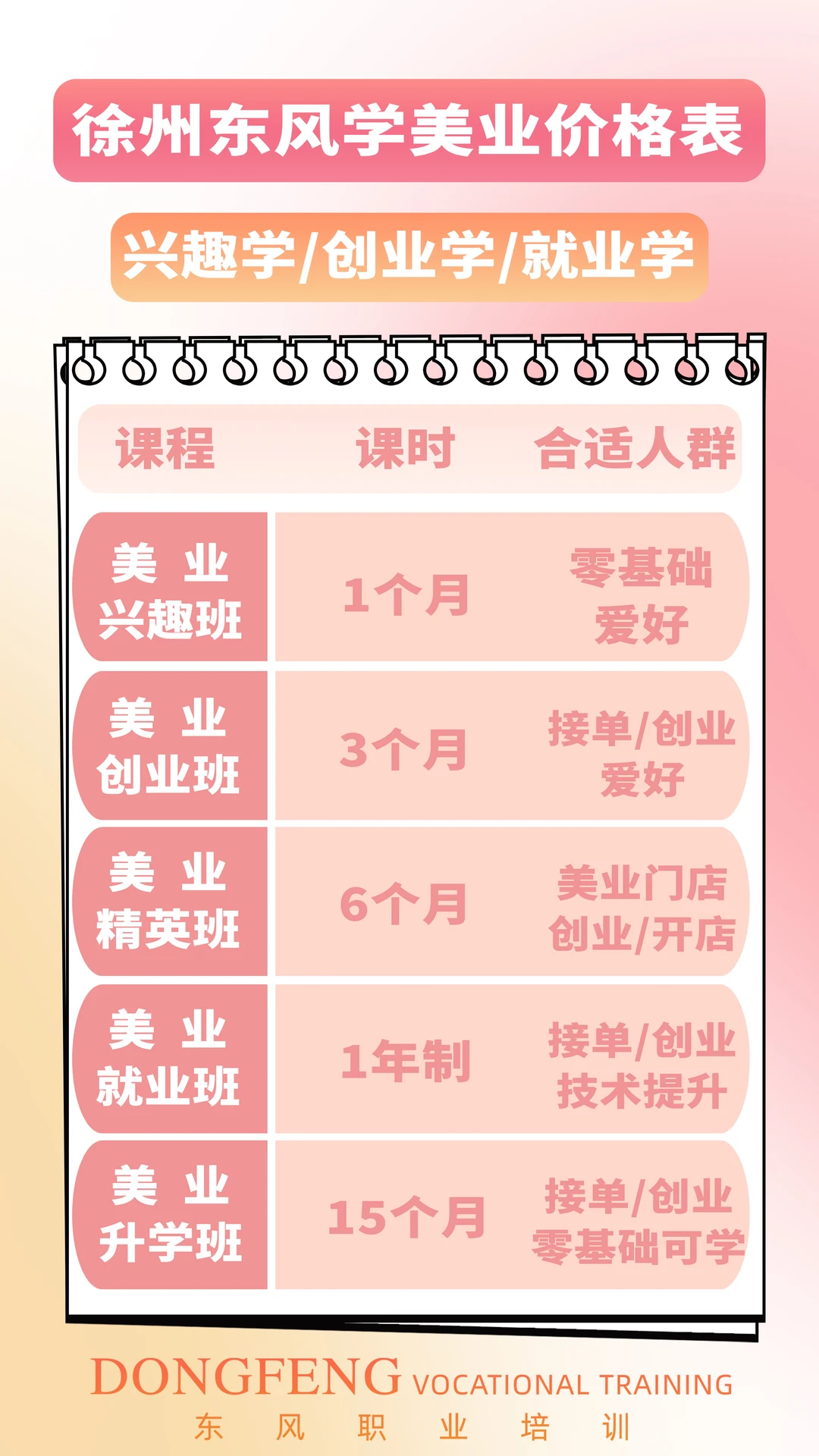 徐州东风美业教育，学美业价格表来啦！�