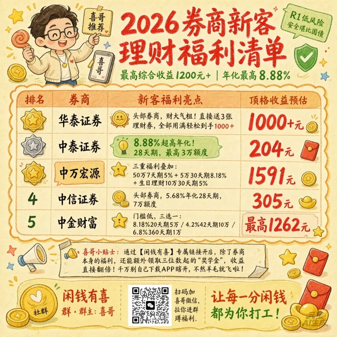 闲钱躺赚!2026券商新客羊毛最高1200元,手慢无!