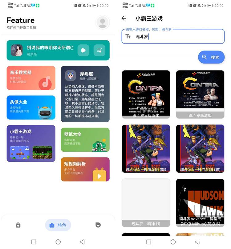 热门功能小霸王小游戏，视频去水印，全网免费音乐下载