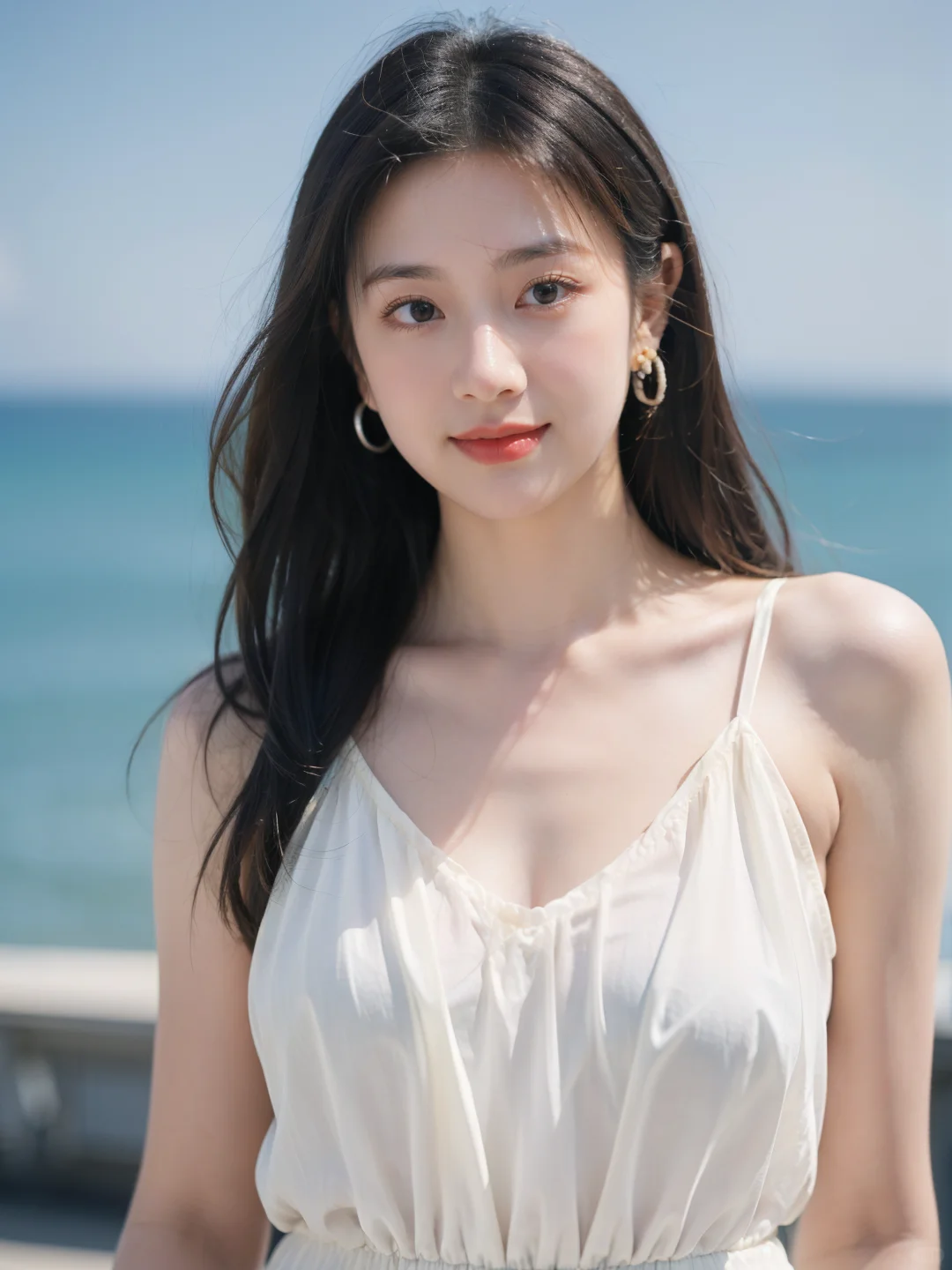 海风轻拂，白裙女神美如画