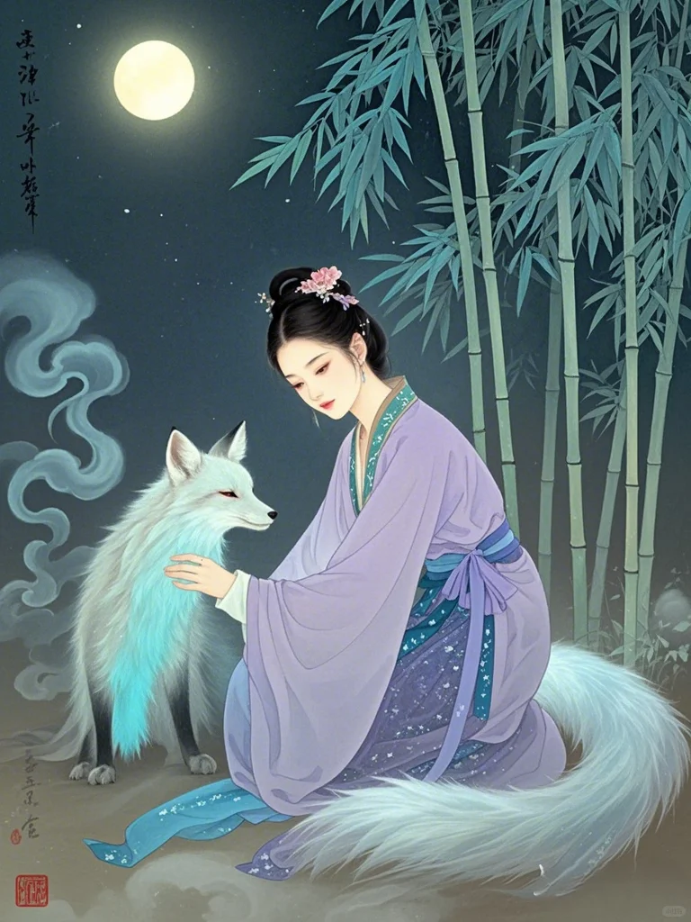 紫狐化影月圆时， 舞袖轻盈弄玉姿。