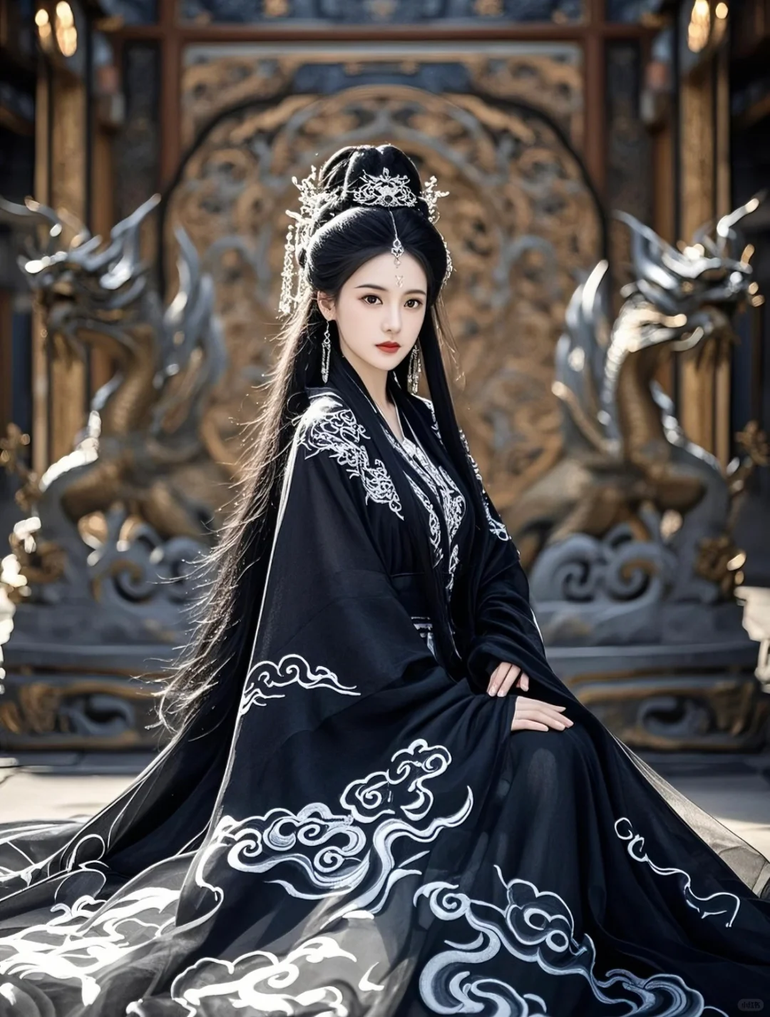黑衣广袖飘逸如风，古风美女宛若画中仙