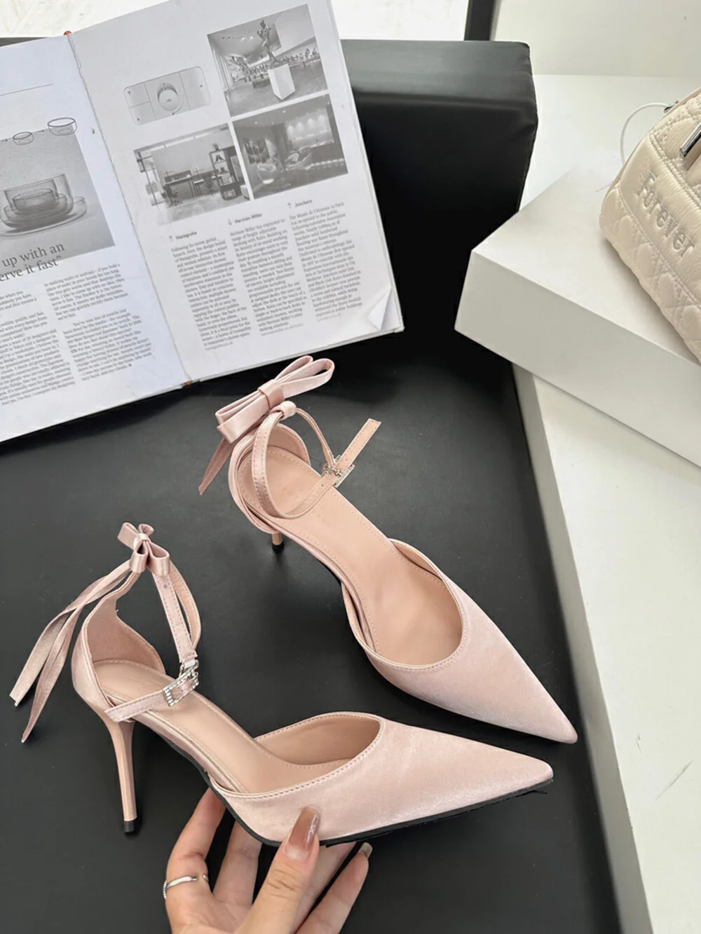 春上新！名媛风尖头蝴蝶结绑带高跟鞋👠