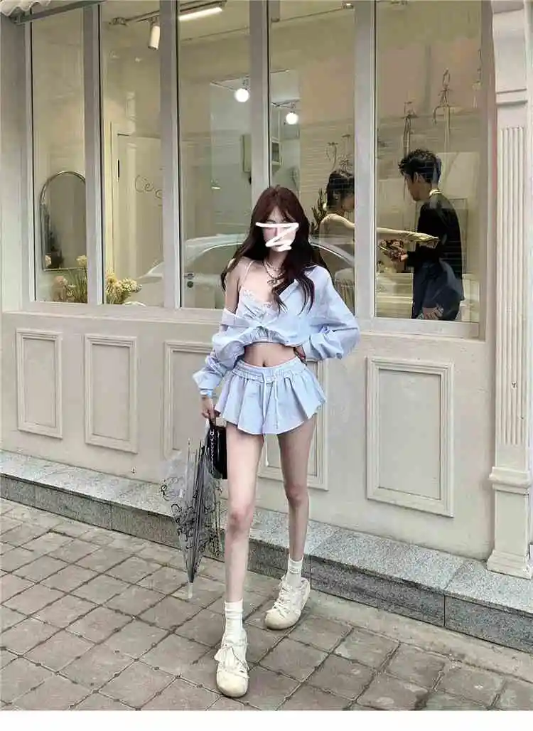 辣妹必备！蓝色格子衬衫连衣裙子女2025新款🔥