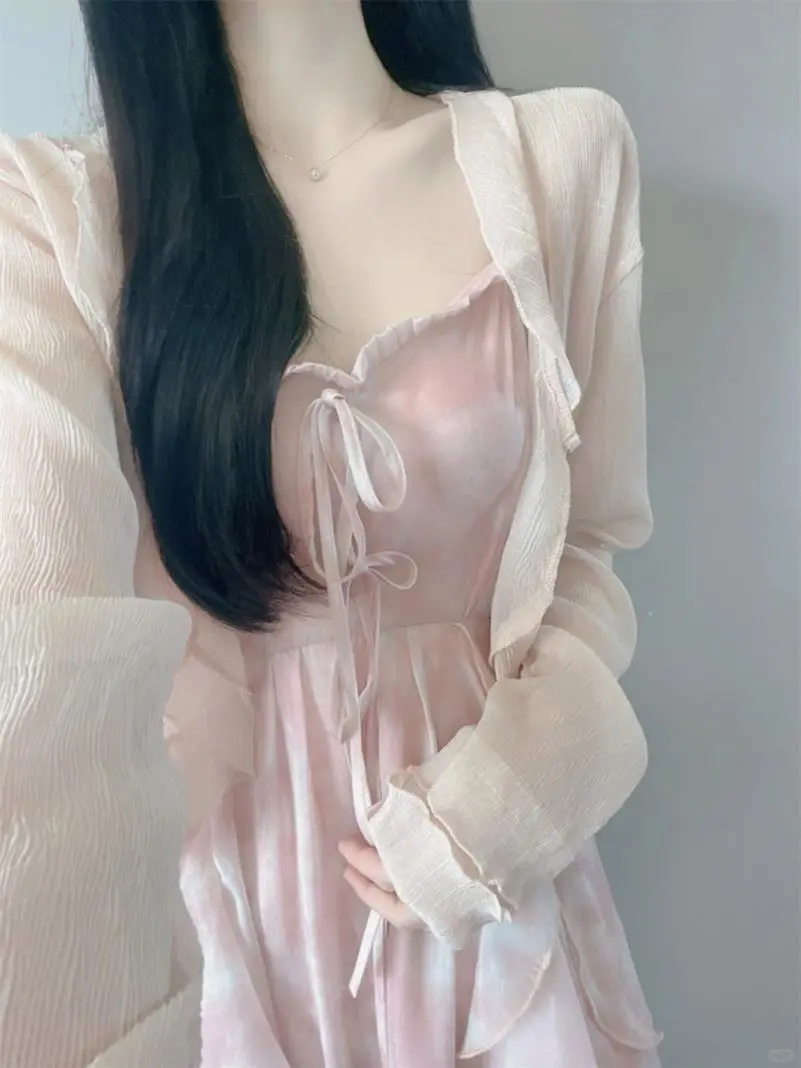 法式仙女茶歇海边雪纺长裙粉色吊带连衣裙女