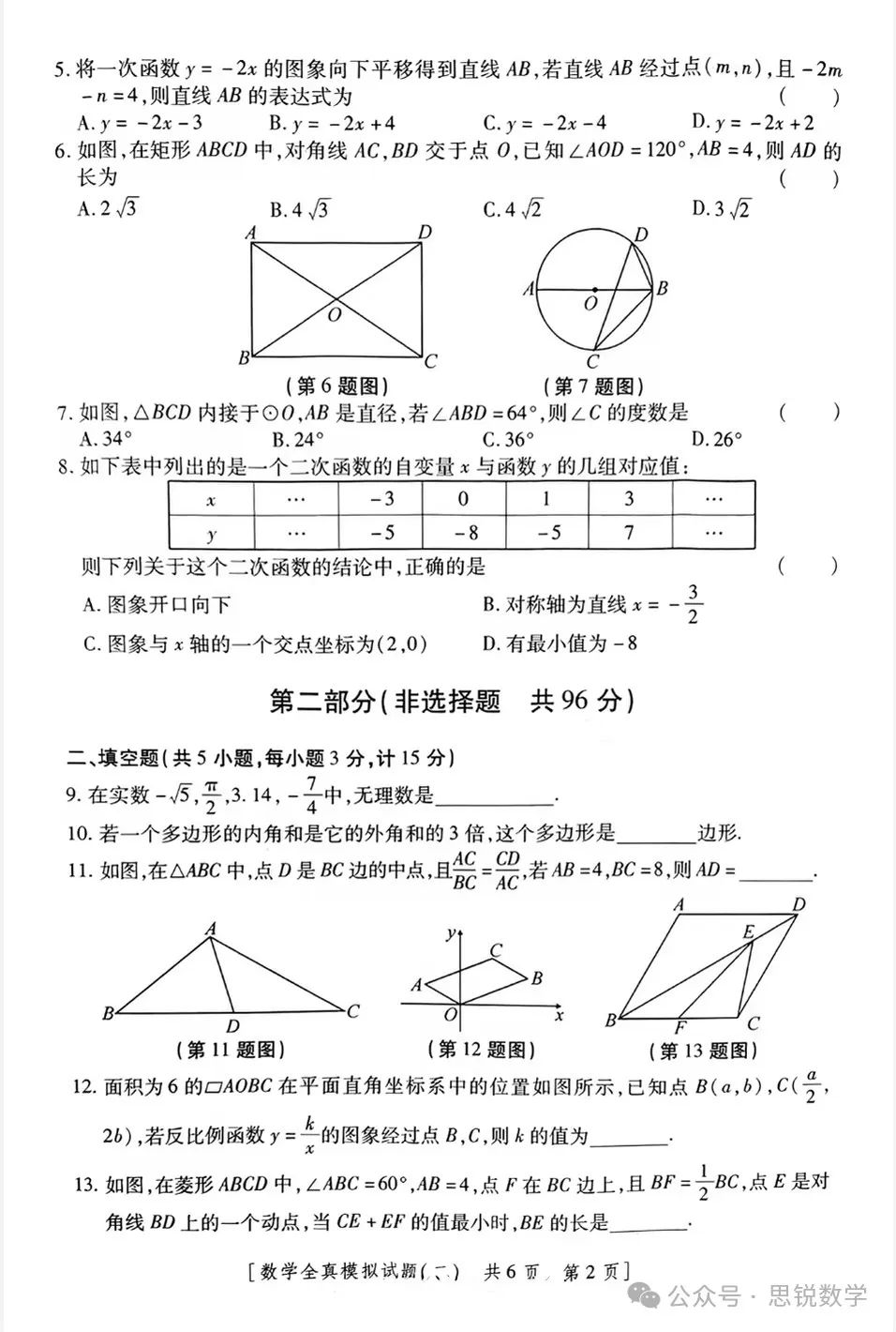 2024陕西中考数学全真模拟卷 第2张