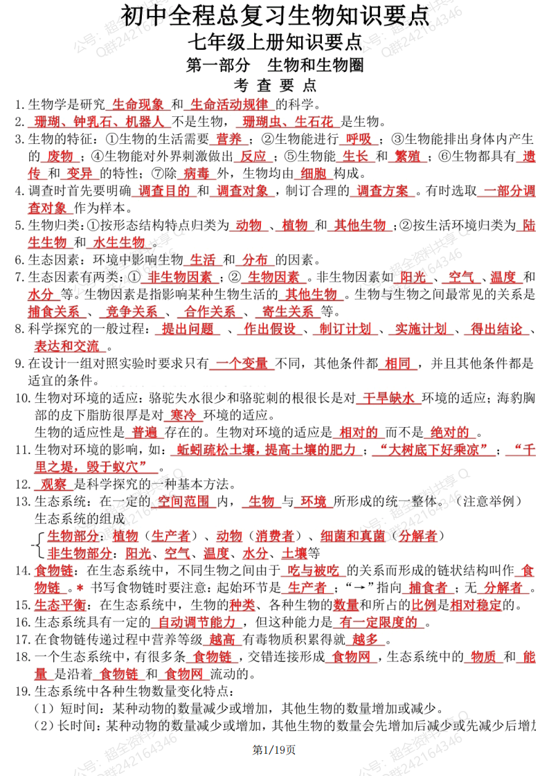 初中生物中考总复习知识要点总结(图片版)(pdf分享) 第1张