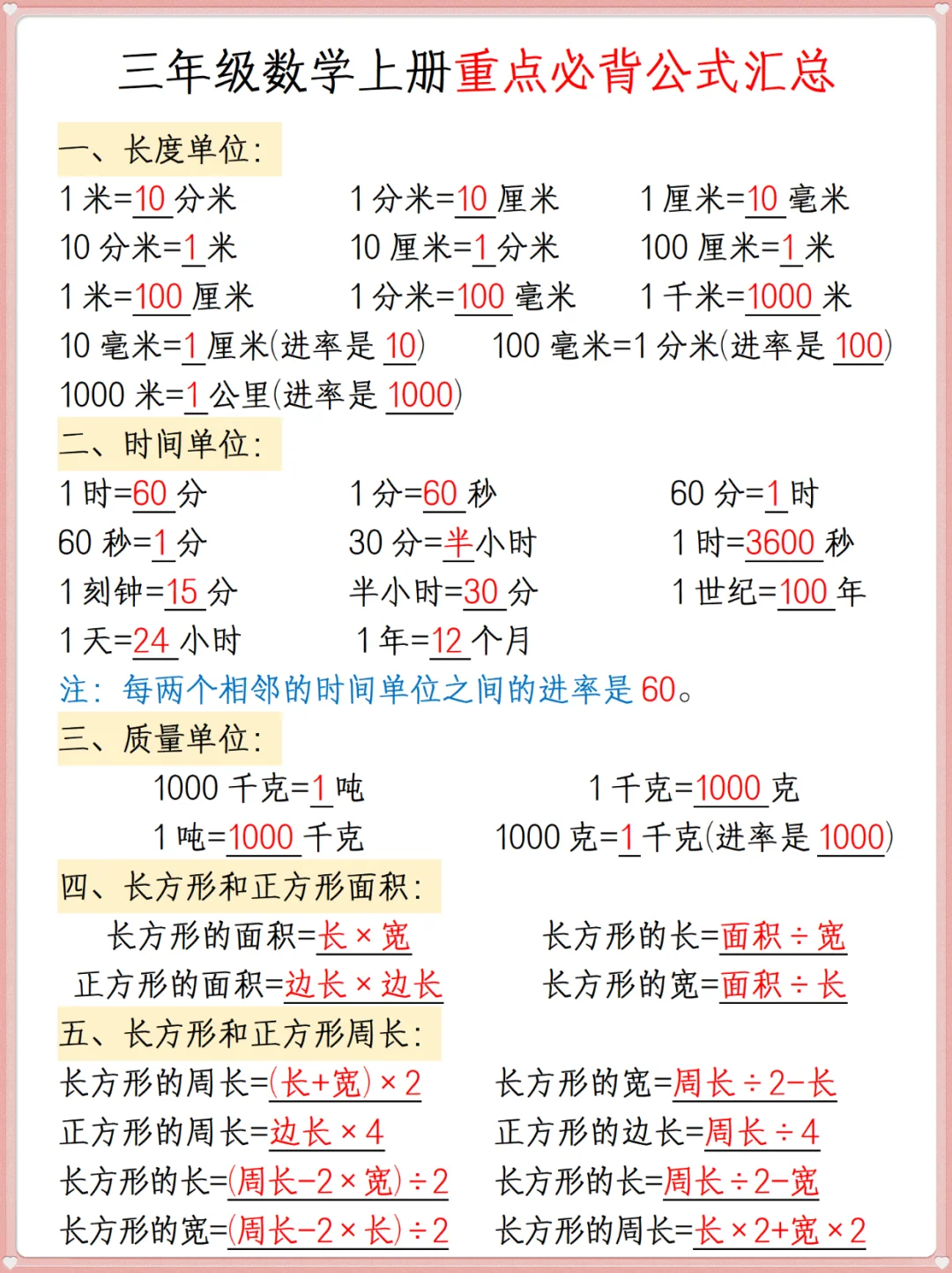 三年级数学上册重点必背公式汇总‼️ 第2张