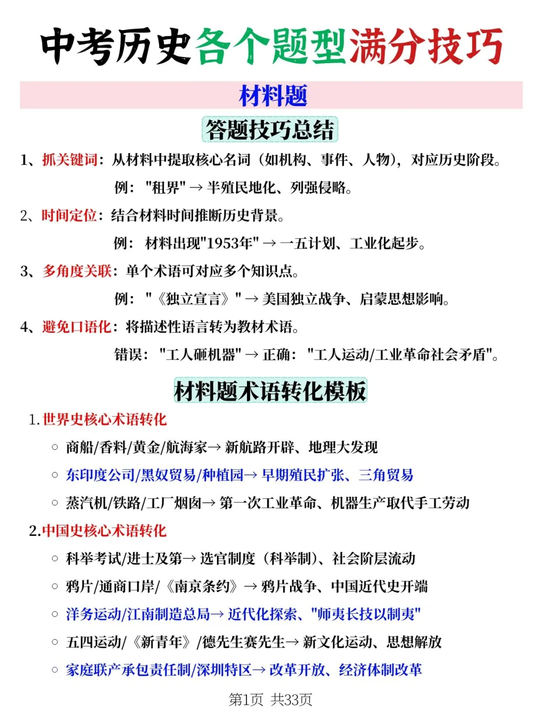 学生连续5届中考历史满分的答题技巧与模板 第3张