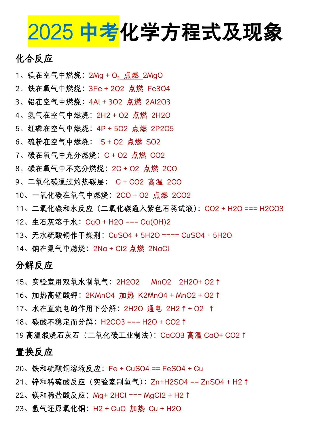 中考化学方程式及现象和考法（超详细版） 第3张