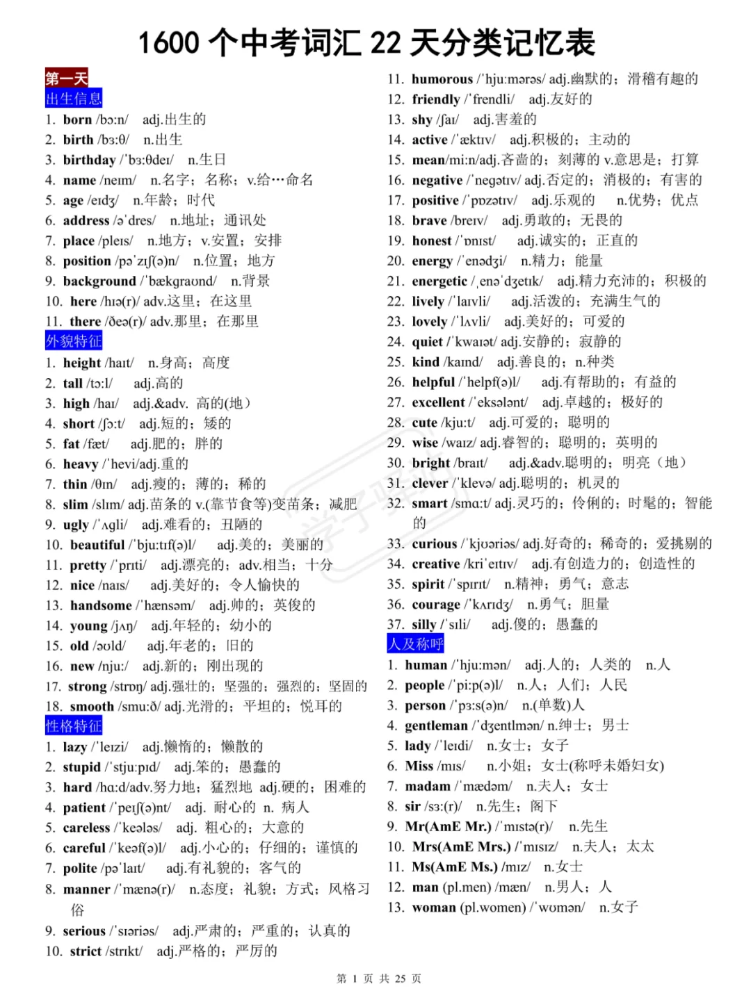 中考倒计时-新课标1600词分类记忆背诵默写 第2张