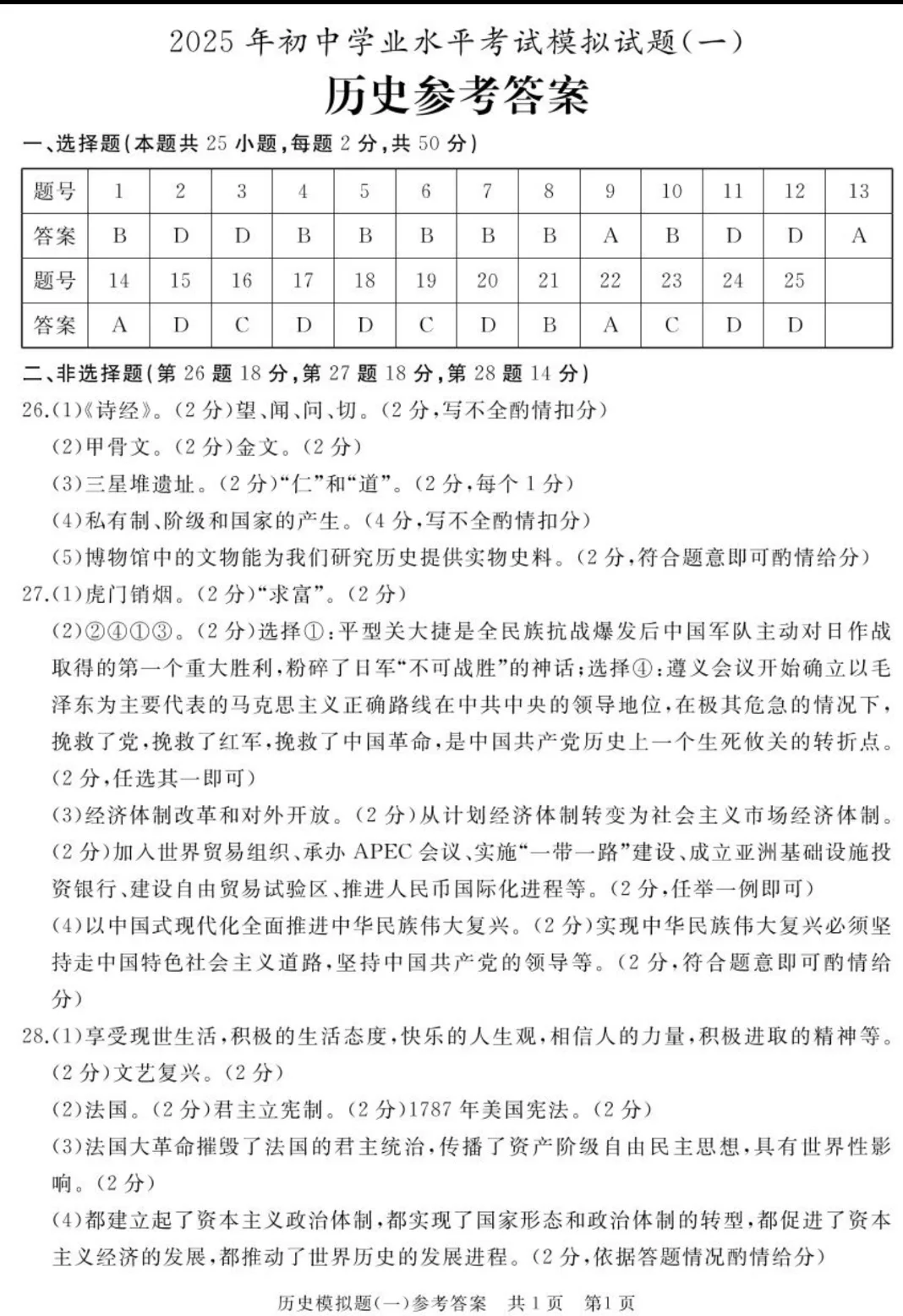 25年4月九年级山东滕州中考历史模拟一试题 第1张