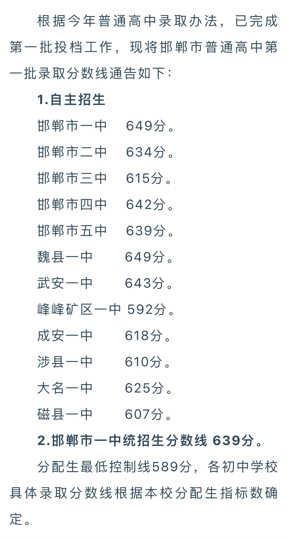2024邯郸中考第一批次分数线 第1张