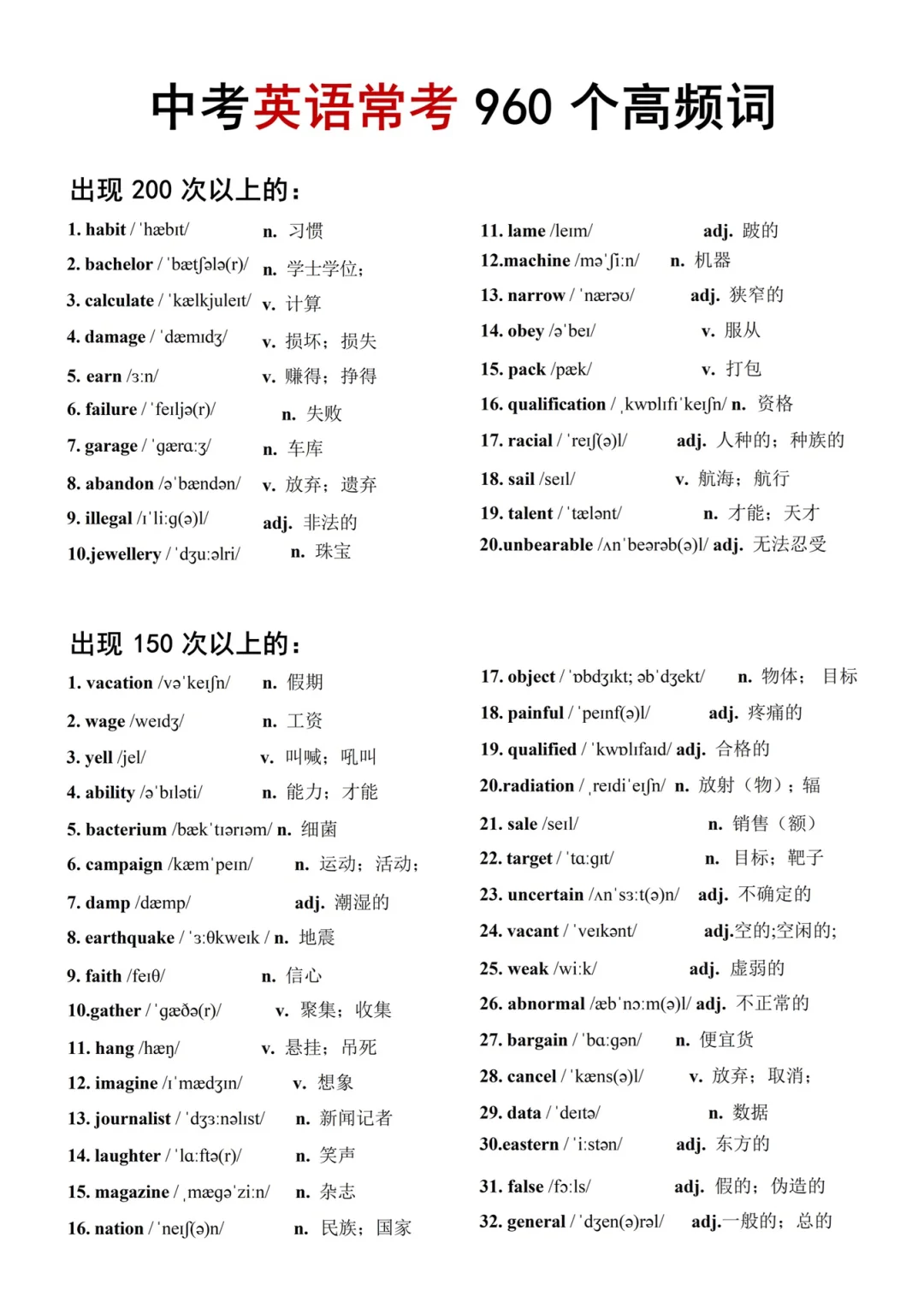 中考英语常考960个高频词 第3张