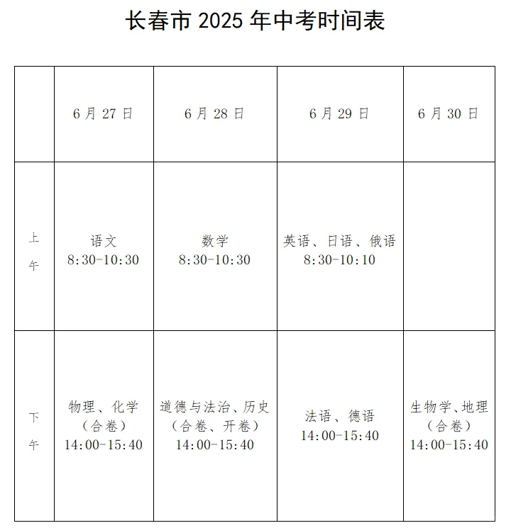 2025长春中考时间安排定了！ 第1张