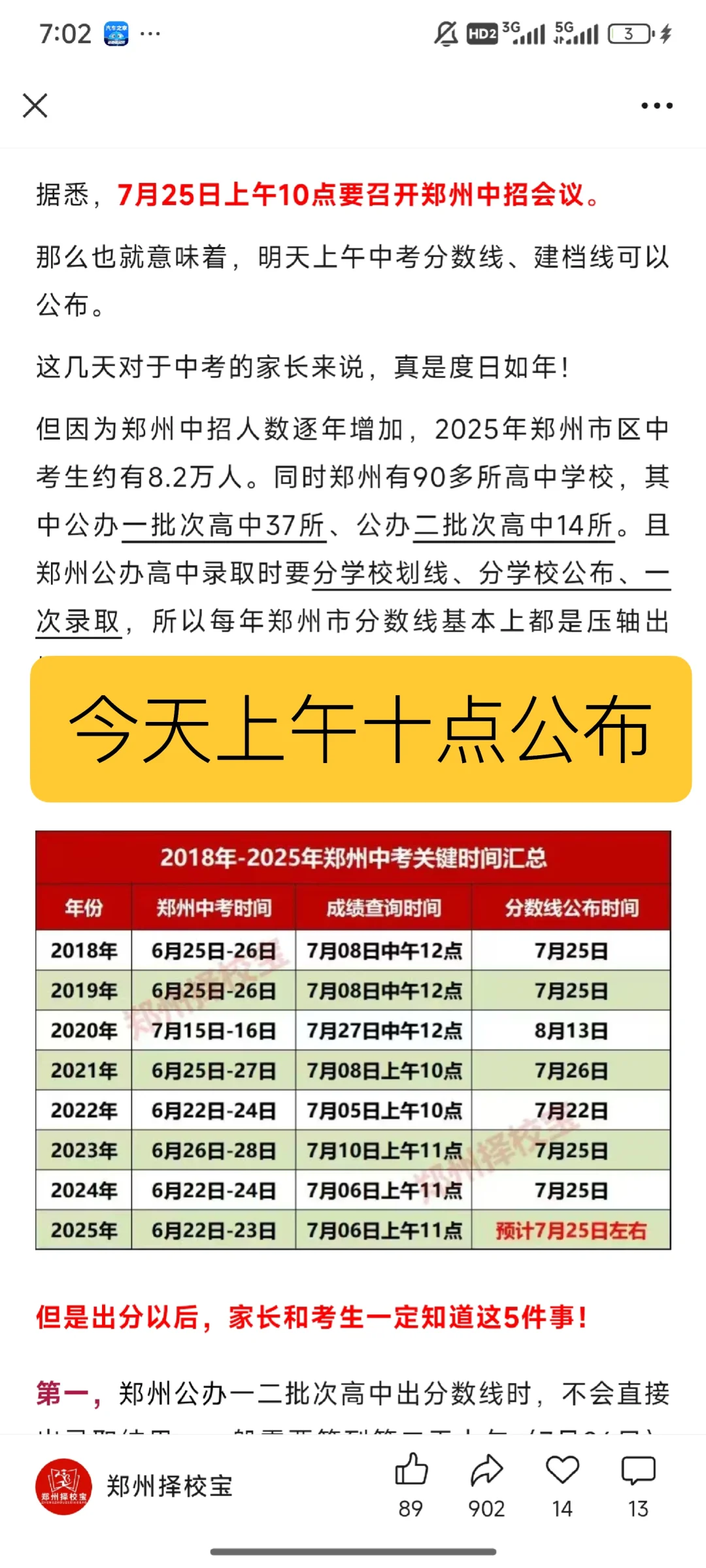 2025年中考分数线今天上午十点公布 第1张