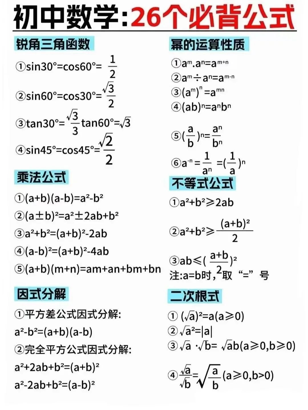 初中数学重点必背公式大全 第2张