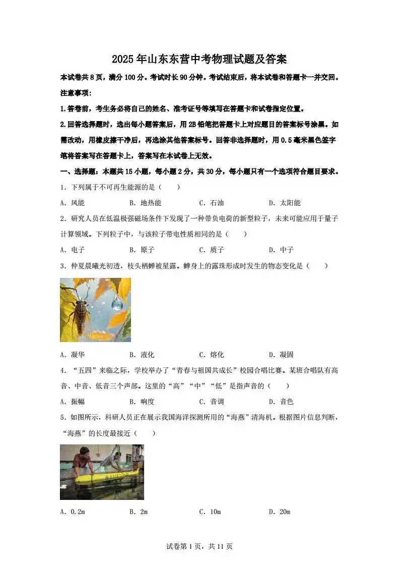 2025东营中考物理试卷及解析 第2张