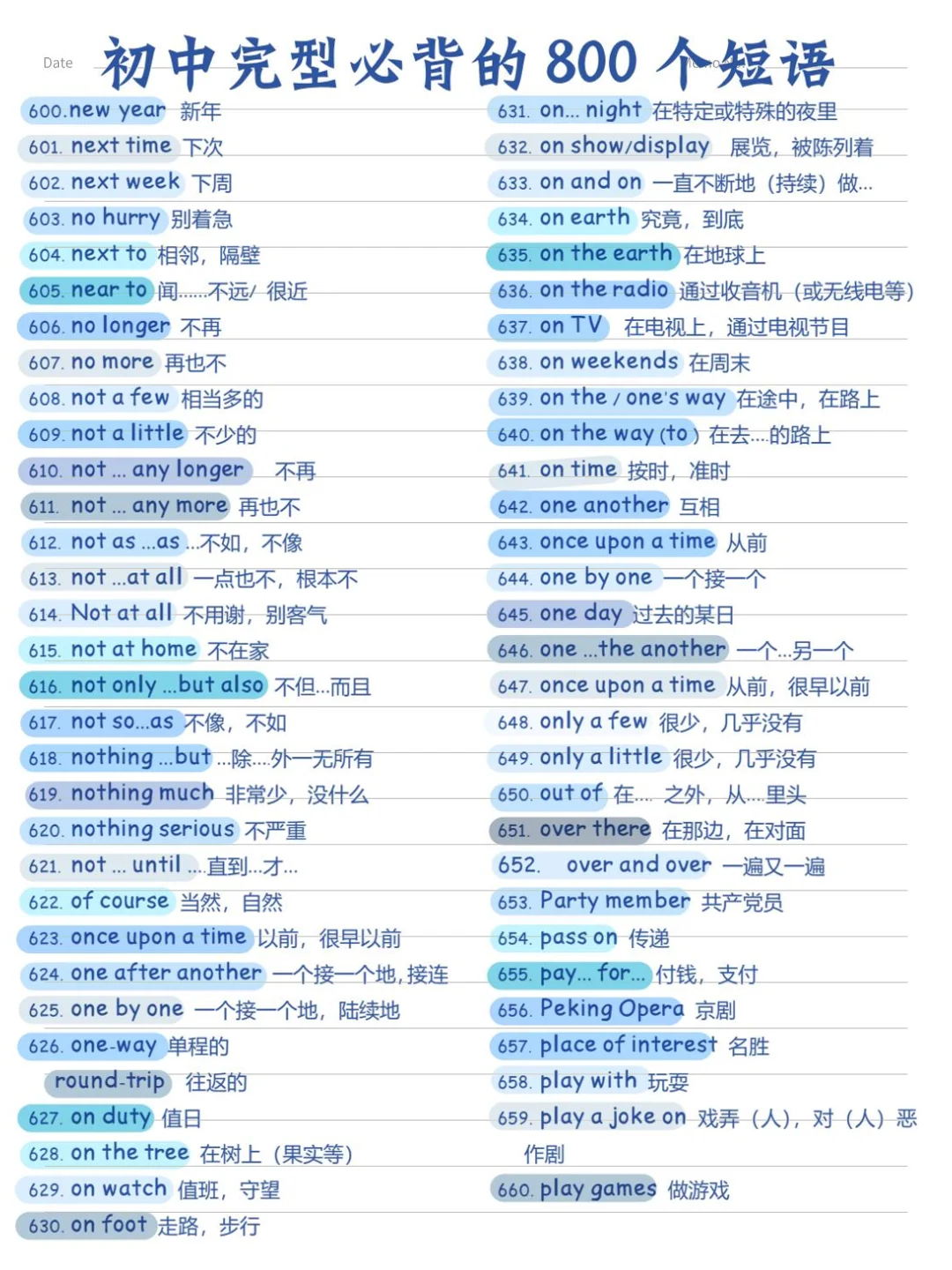 初中完形必背的800个短语(完整版) 第12张 初中完形必背的800个短语(完整版) 第12张