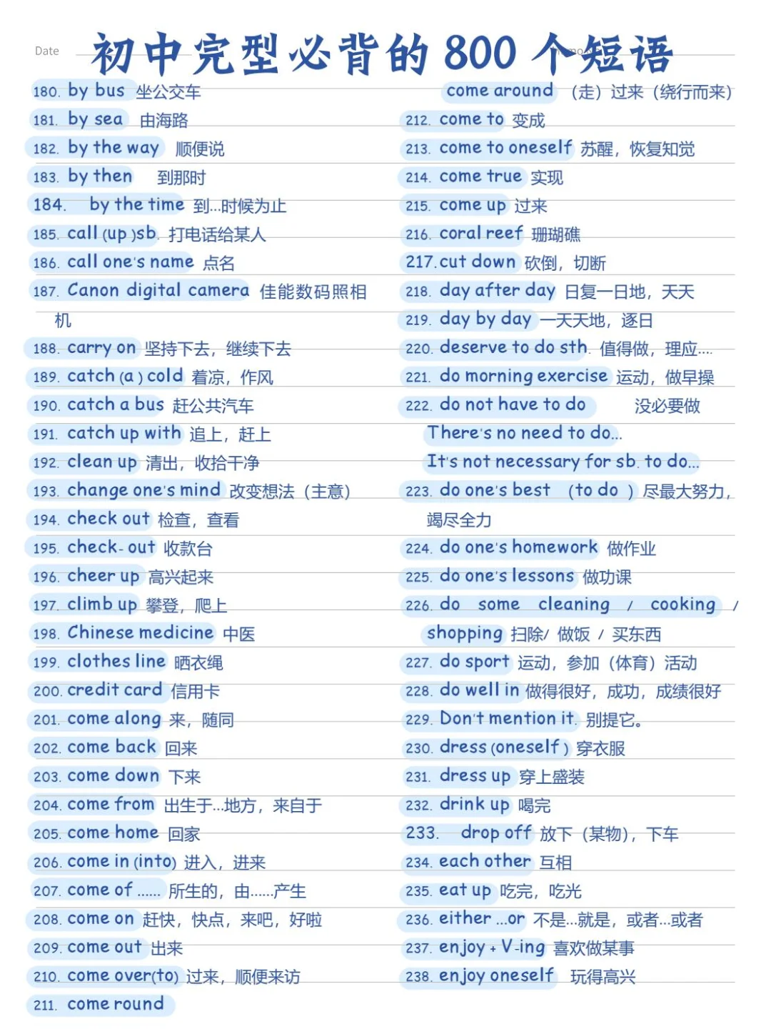 初中完形必背的800个短语(完整版) 第5张 初中完形必背的800个短语(完整版) 第5张