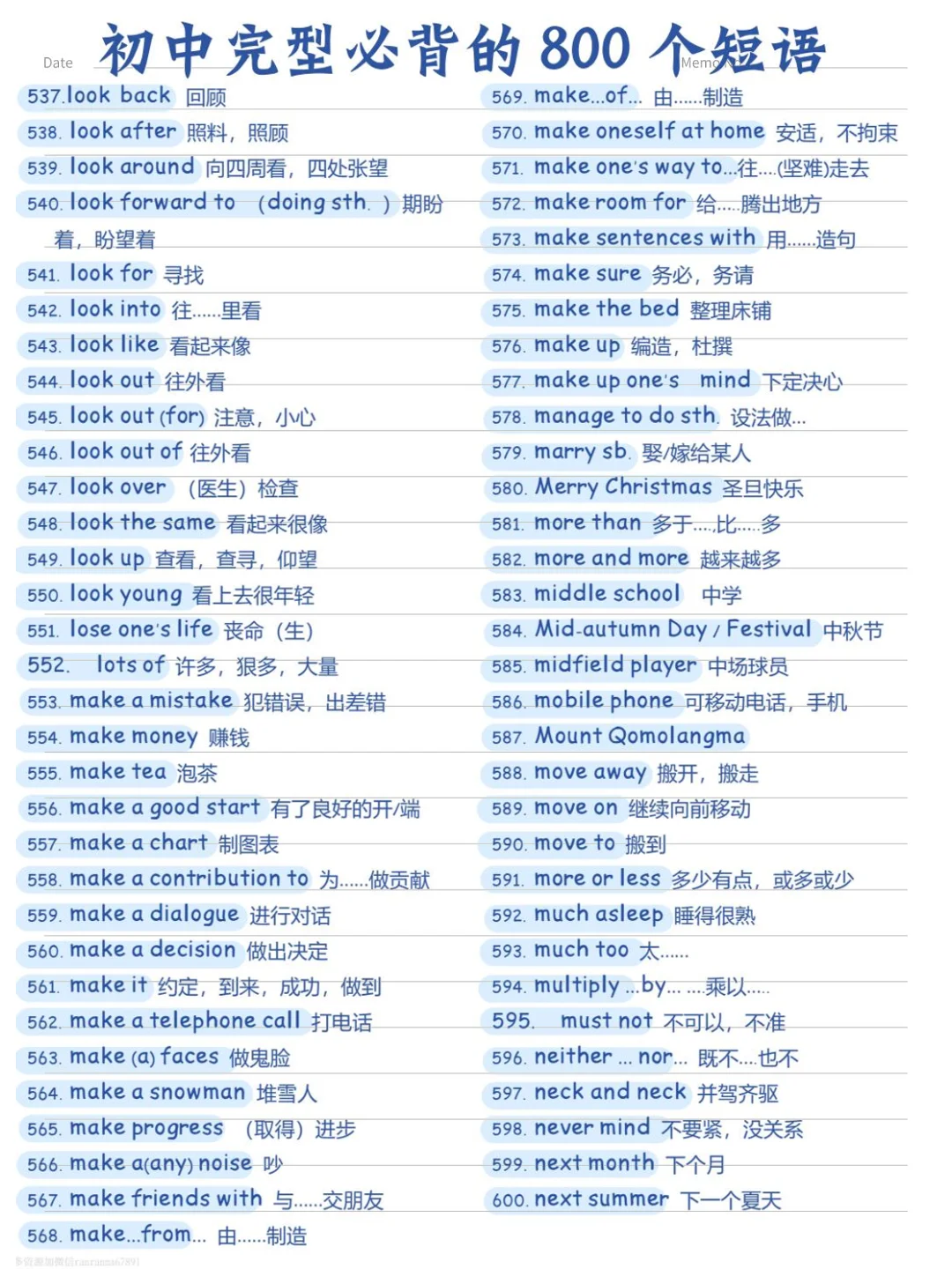 初中完形必背的800个短语(完整版) 第11张 初中完形必背的800个短语(完整版) 第11张
