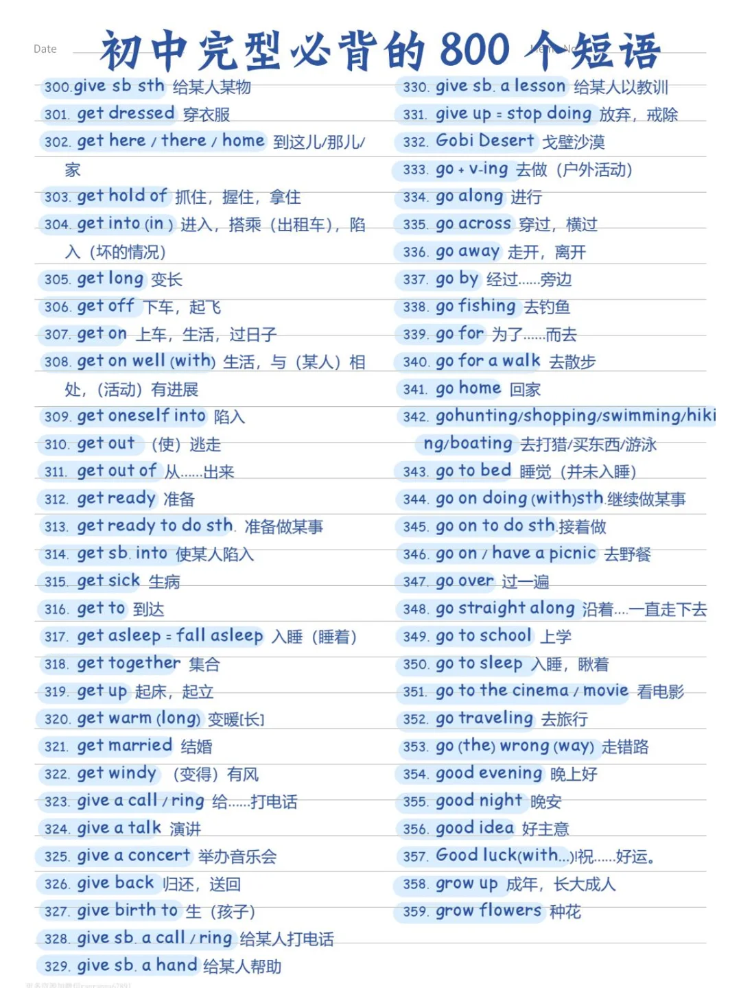 初中完形必背的800个短语(完整版) 第7张 初中完形必背的800个短语(完整版) 第7张