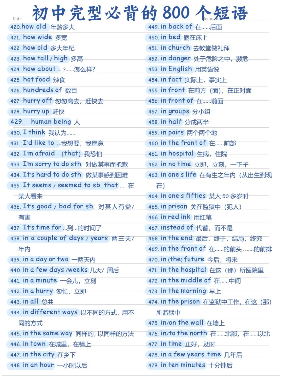 初中完形必背的800个短语(完整版) 第9张 初中完形必背的800个短语(完整版) 第9张