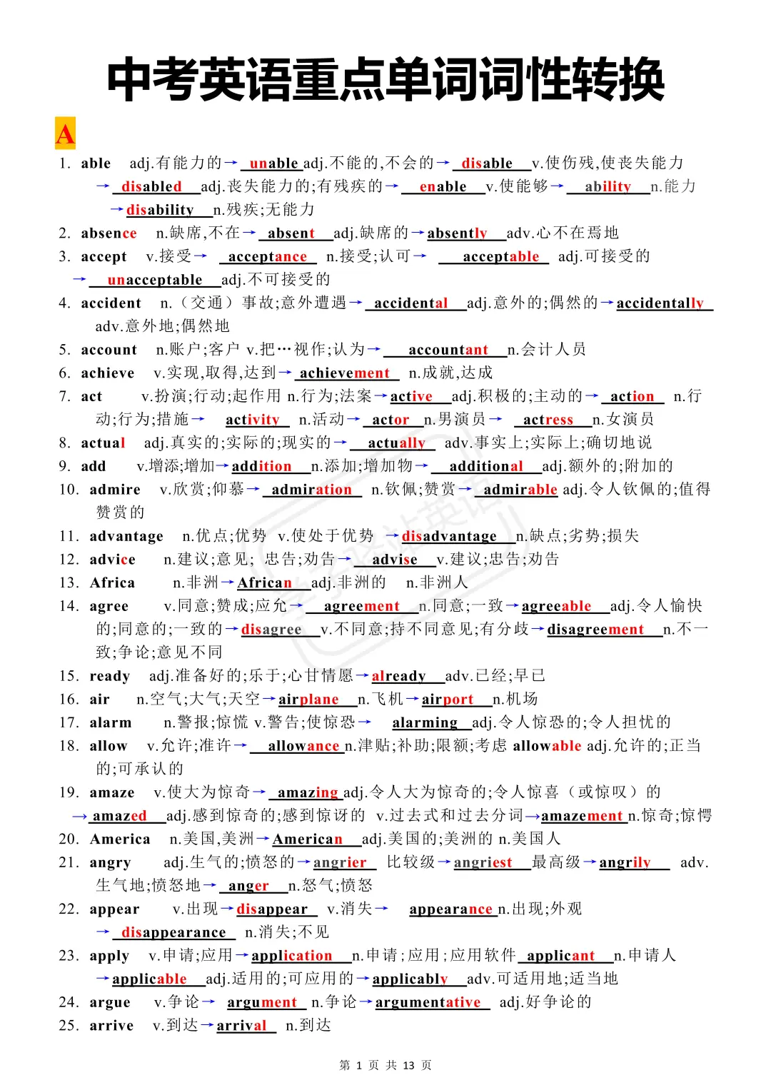 2025中考英语词性转换归纳背默（408组） 第2张