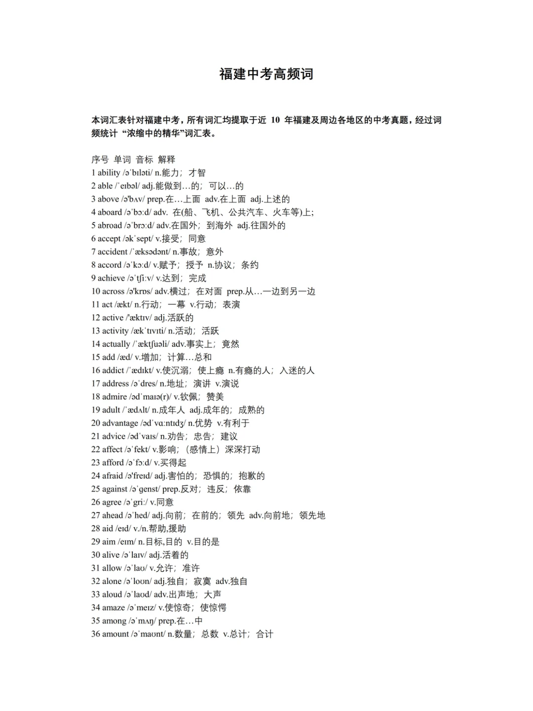 福建中考英语高频词📝 第3张