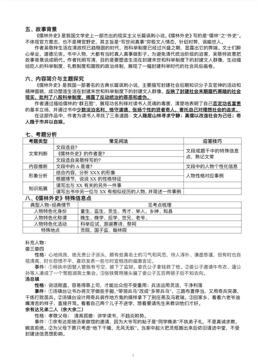 【中考备考 名著】《儒林外史》知识点梳理及 第4张