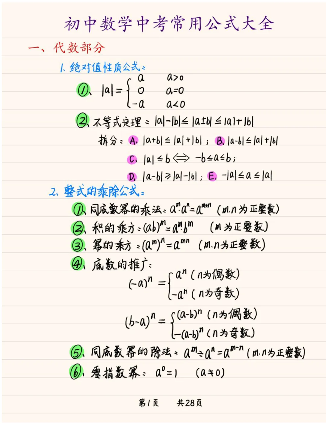 《2026新版初中数学中考常用公式手写笔记》,可免费下载打印 第2张