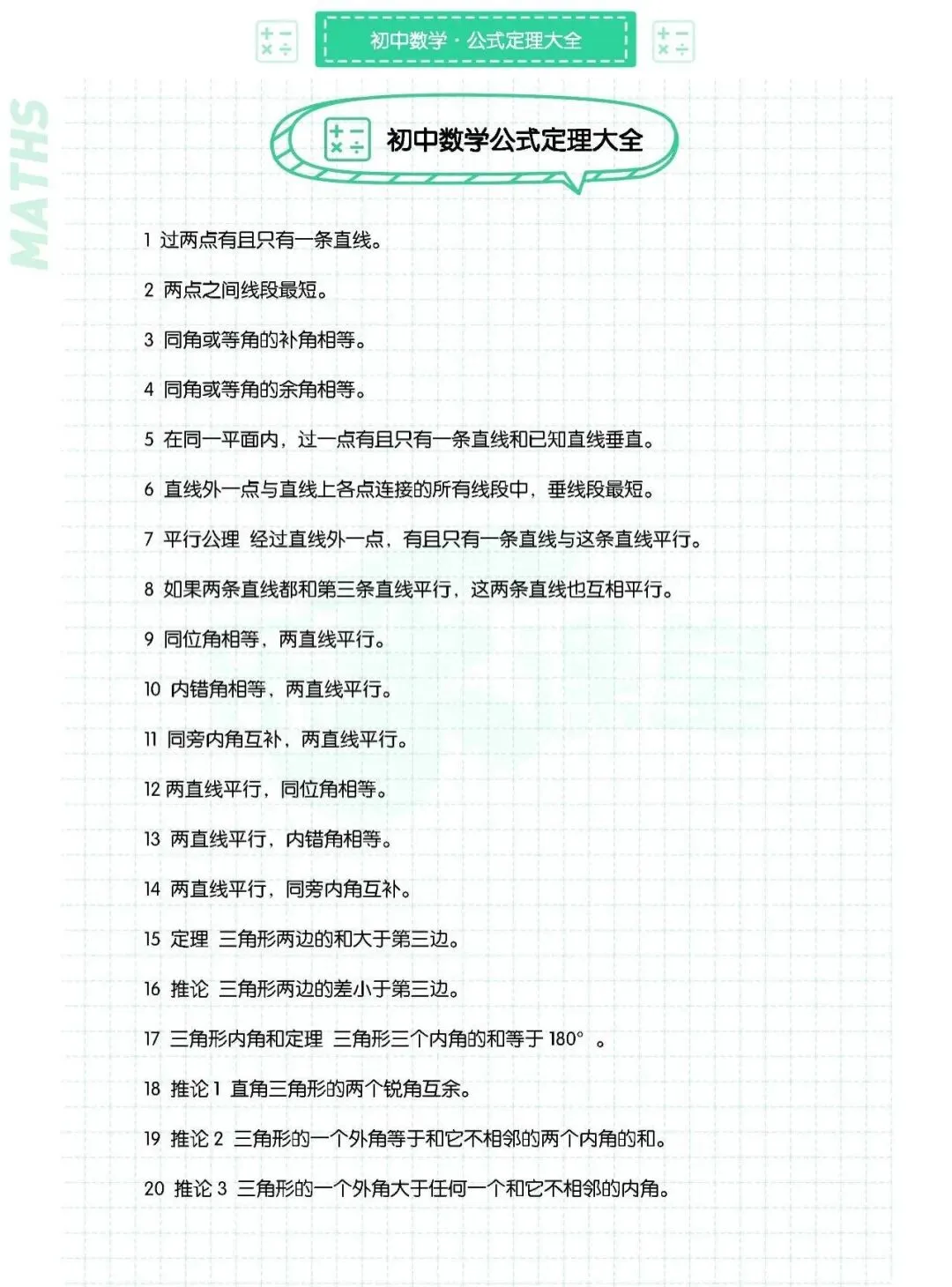 初中数学【中考必会定理大全】148条7-9年级上下册通用,可下载打印 第1张