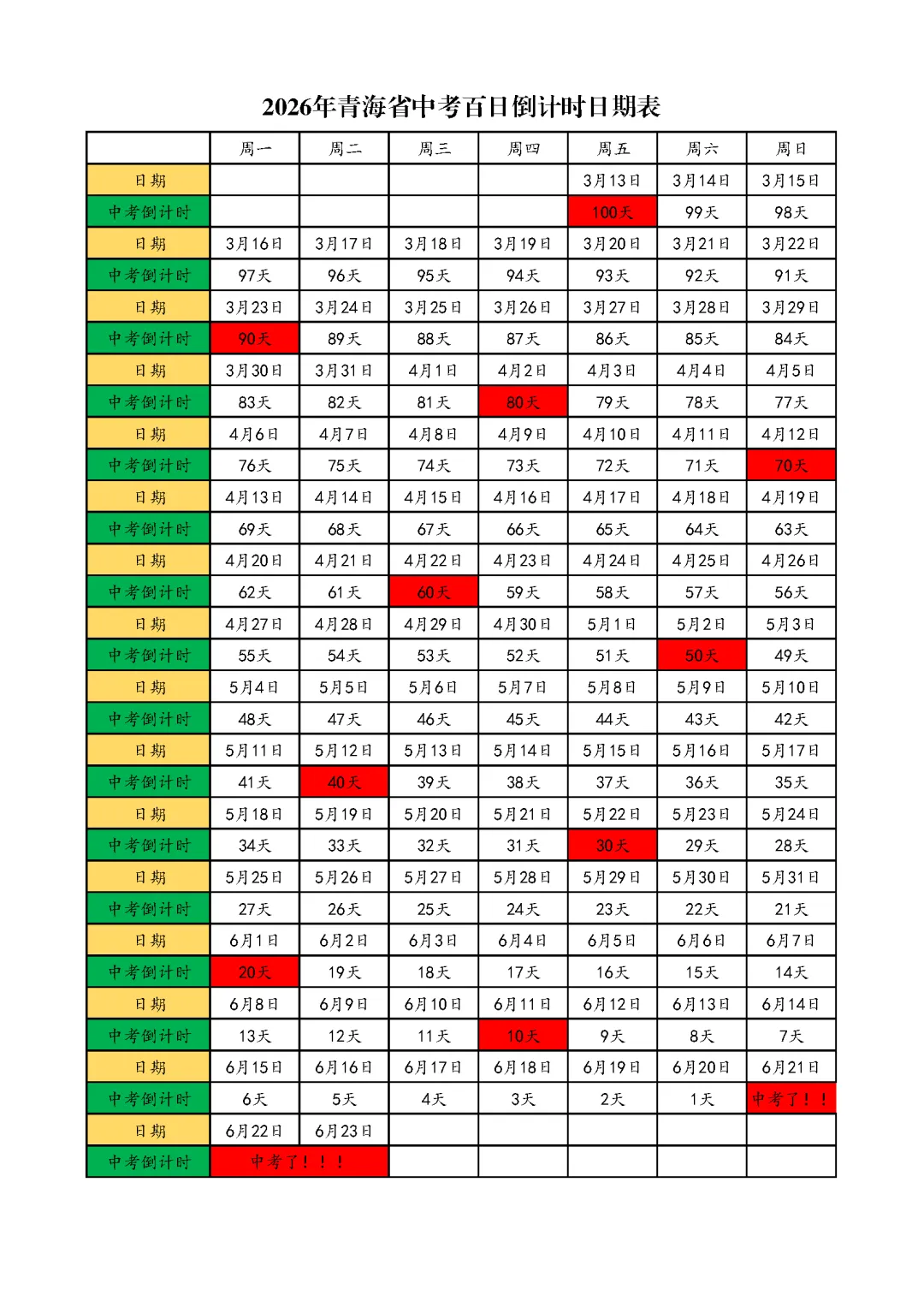 2026年青海省中考百日倒计时日期表 第2张