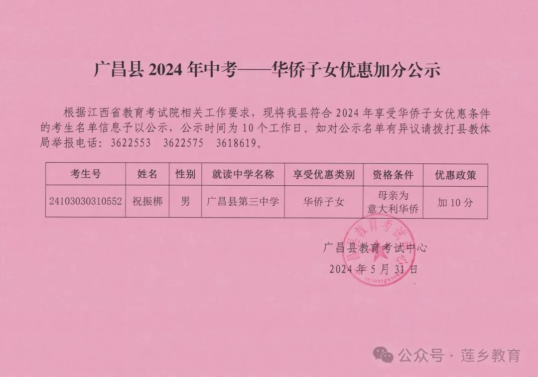 广昌县2024年中考——华侨子女优惠加分公示 第1张