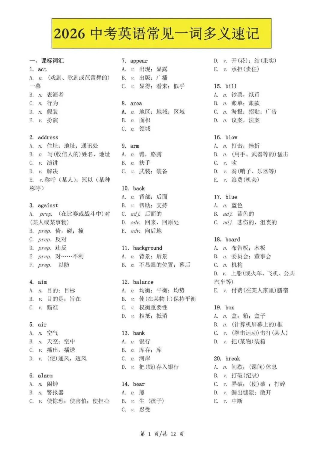 2026中考英语常见一词多义速记 第2张