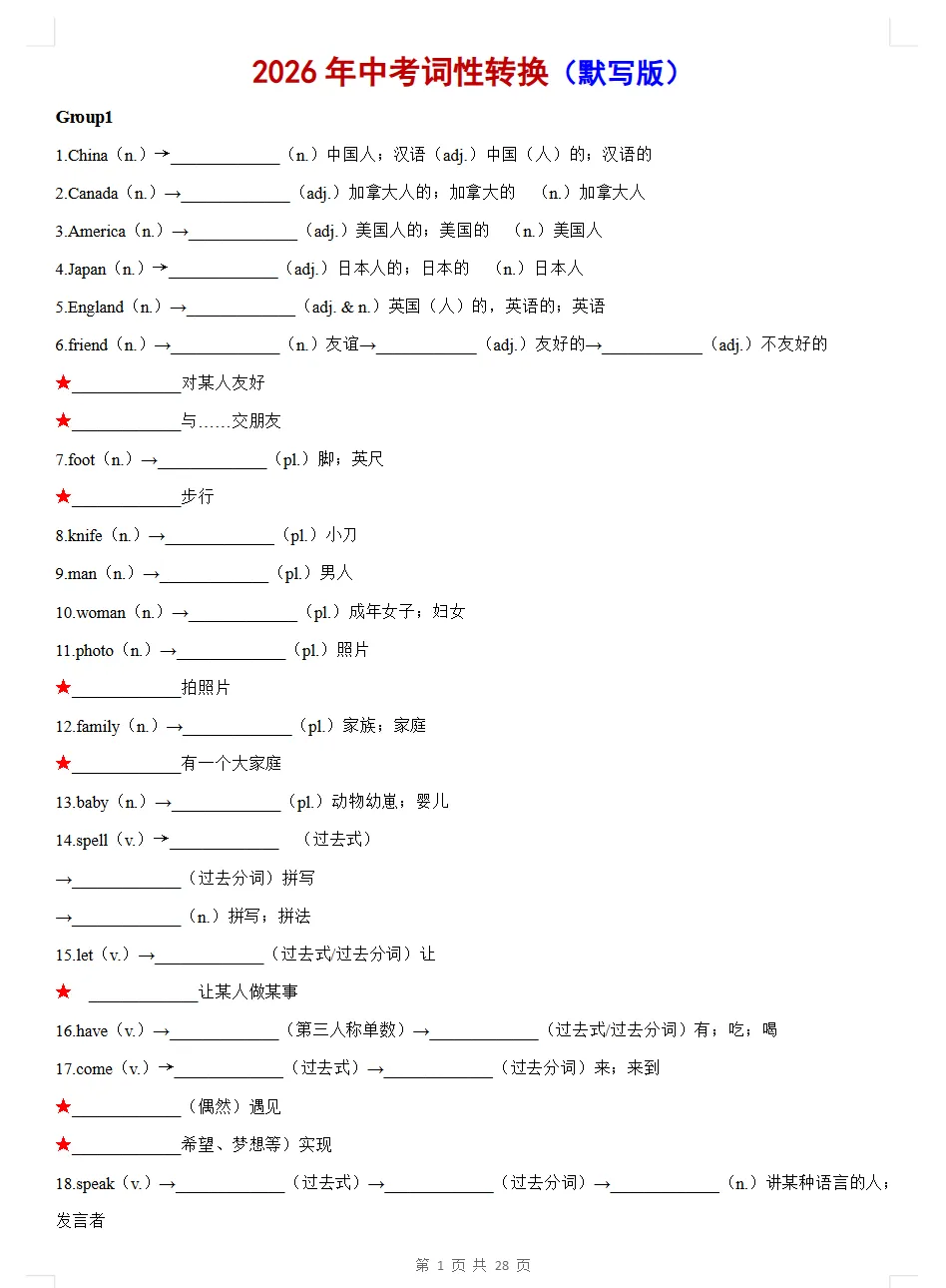 2026中考《英语高频必背单词词性转换》中考常考词性互换汇总速记(默写版+背诵版)免费下载 第4张