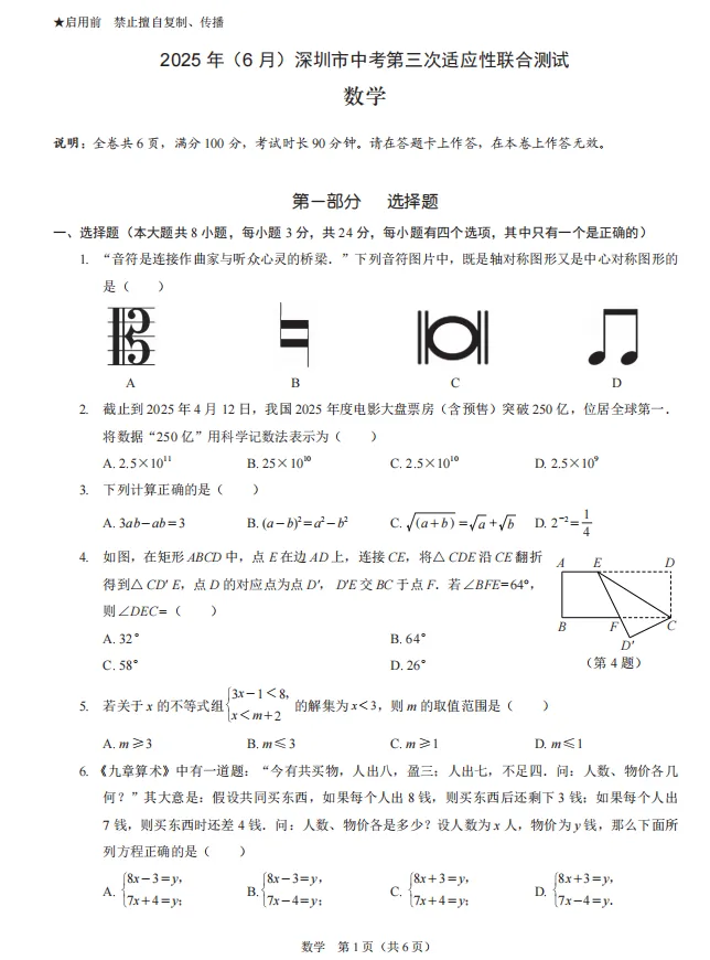 2025年深圳各区、名校中考模拟试卷汇编(33套) 第24张