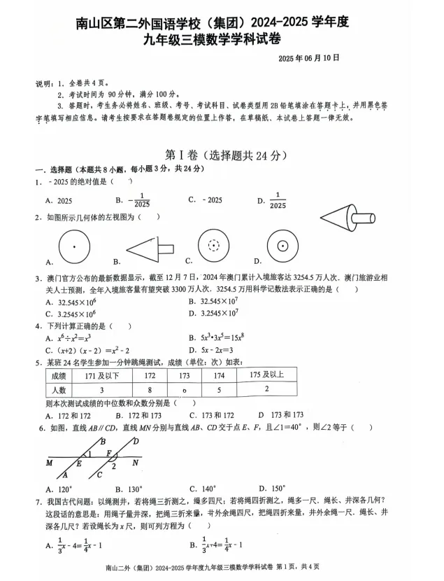 2025年深圳各区、名校中考模拟试卷汇编(33套) 第27张