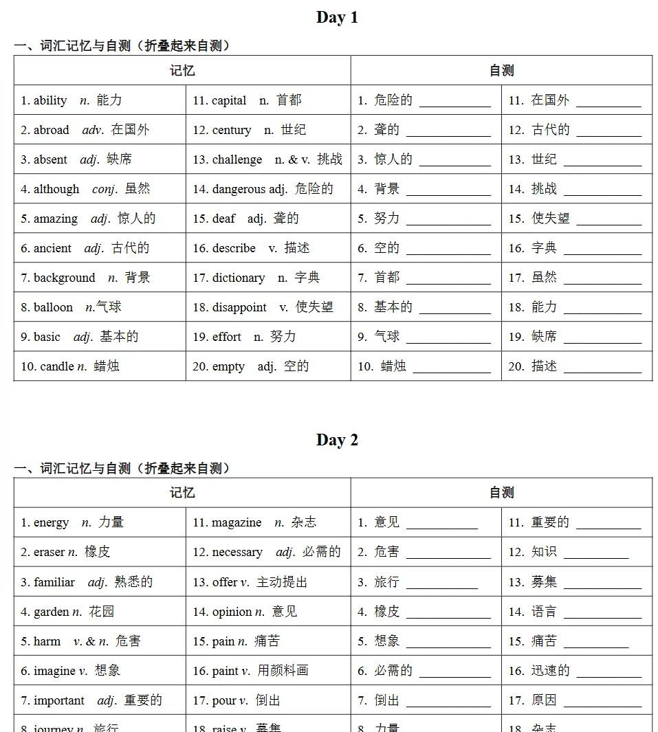 中考英语高频词汇500个24天记背+默写小纸条 第1张 中考英语高频词汇500个24天记背+默写小纸条 第1张