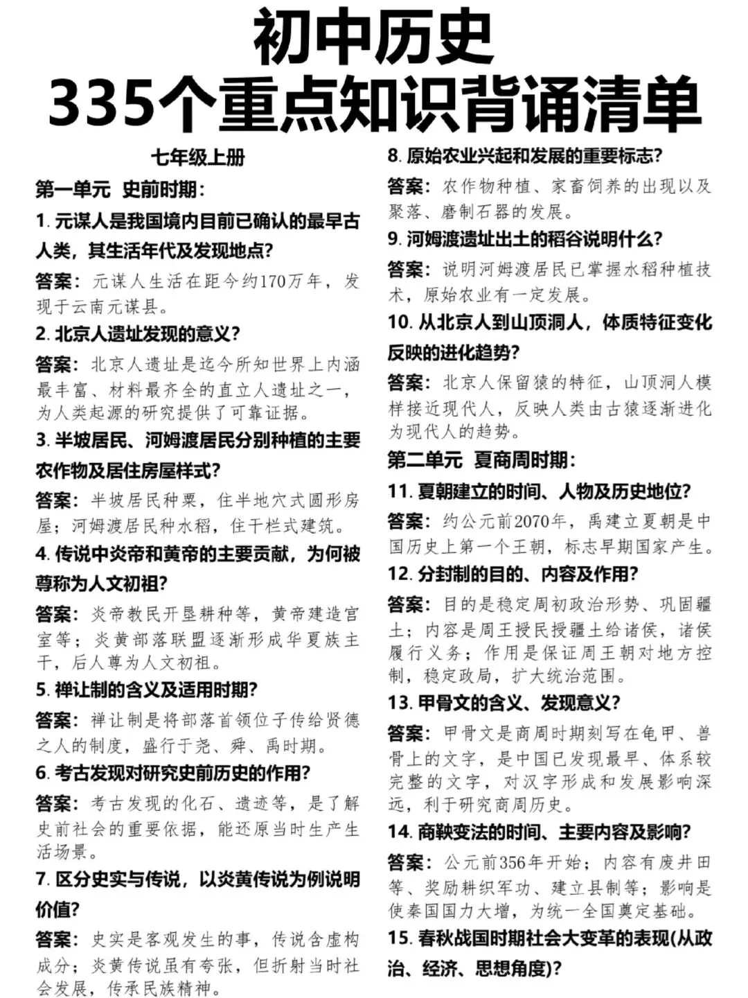 中考历史335个重点知识背诵清单 第1张