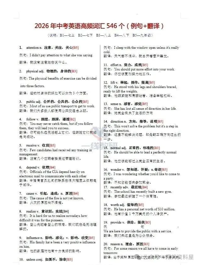 【精选资料】2026版初中《中考英语高频词汇546个》核心单词专项突破(例句+翻译) 第2张 【精选资料】2026版初中《中考英语高频词汇546个》核心单词专项突破(例句+翻译) 第2张