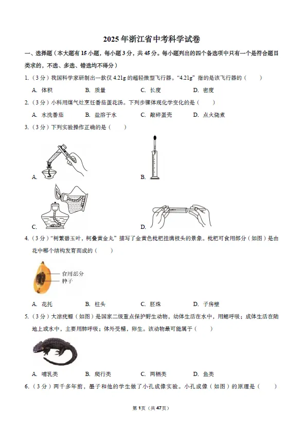 【中考真题】2025年浙江省中考真题试卷电子版||试题答案PDF(全科目)真题答案解析 第7张 【中考真题】2025年浙江省中考真题试卷电子版||试题答案PDF(全科目)真题答案解析 第7张